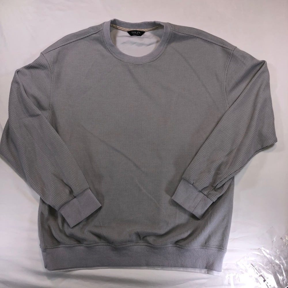 THKZN Mens Grey Waffle Knit Crewneck Sweatshirt Size Large Relaxed Fit Pullover